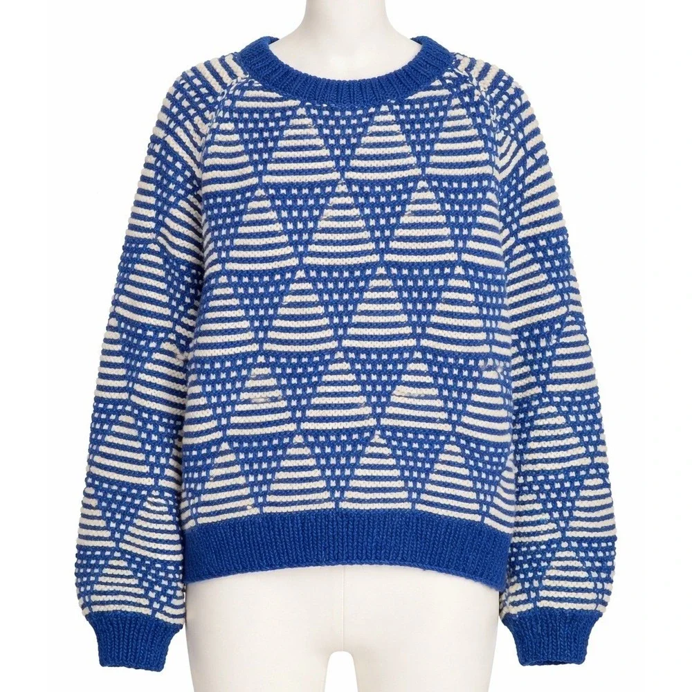 Vintage Elegant Passage‎ Sz L Blue 100% Wool Heavyweight Fisherman Sweater Cozy